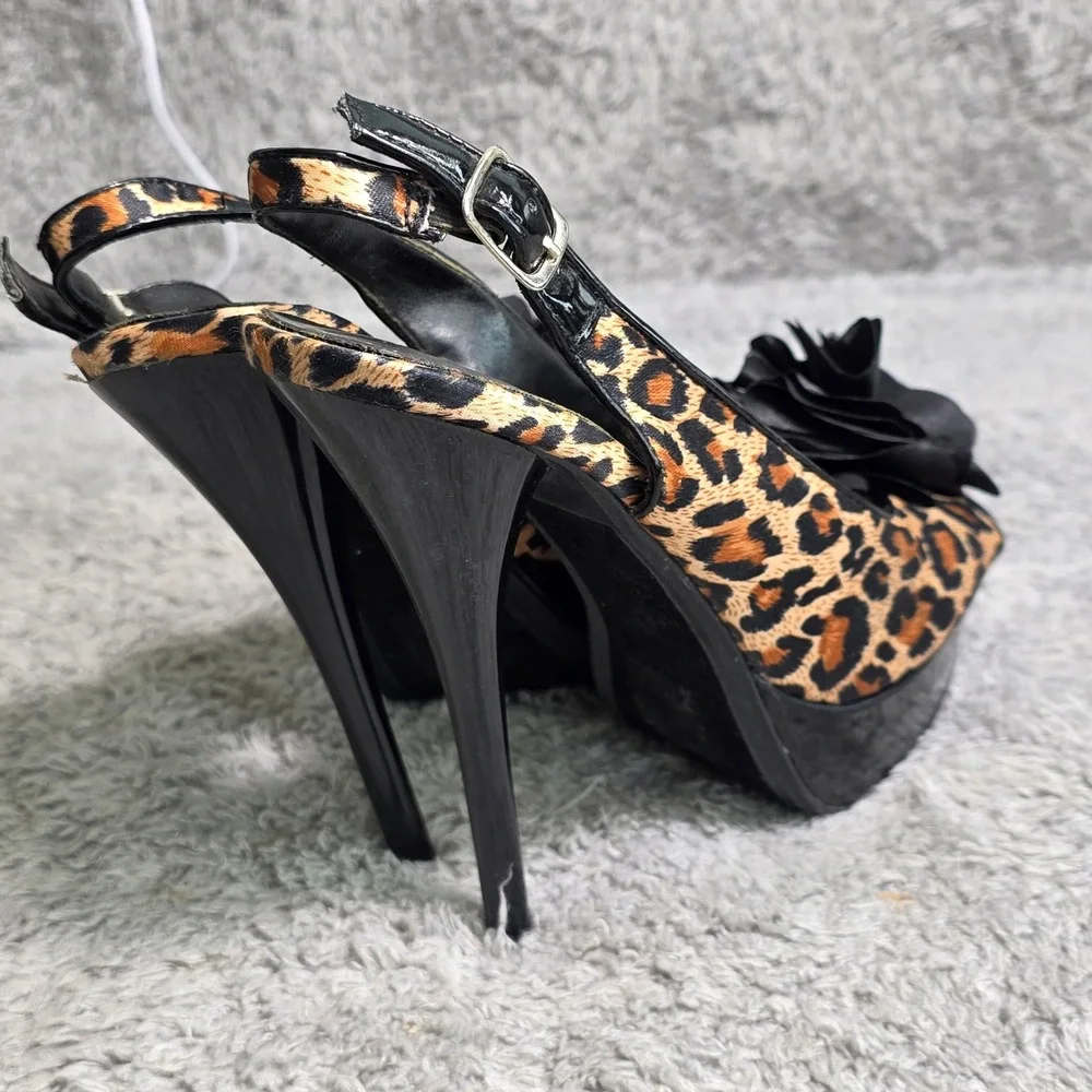 VTG Dollhouse Platform Peep Toe Leopard Black Flower Slingback Heels Sz‎ 6.5-7